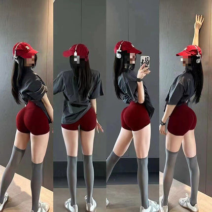 Peach Fitness Shorts Three-point Pants High Waist High Elasticity Hip Elastic Knitted Peach Line Fitness Sports Shorts Summer
