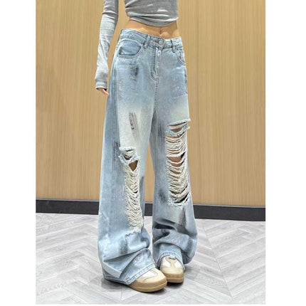 Trendy High-Waisted Ripped Wide-Leg Jeans for Women, Summer 2025 New Style, Slimming and Floor-Length
