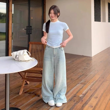 American Retro High Waist Jeans Women's Spring and Autumn Loose Mop Pants Straight Leg Pants Fashionable All-match Wide Leg Pants