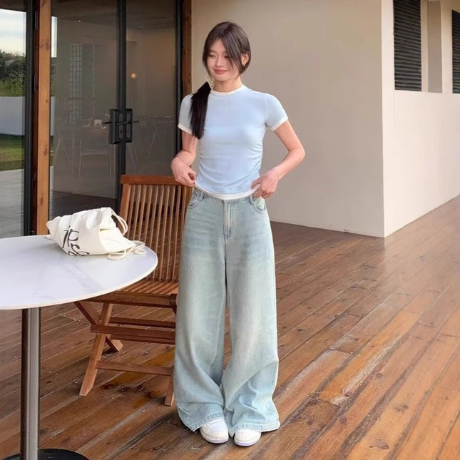 American Retro High Waist Jeans Women's Spring and Autumn Loose Mop Pants Straight Leg Pants Fashionable All-match Wide Leg Pants