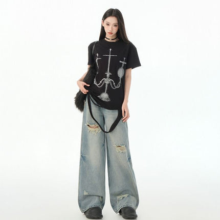 2025 Spring and Summer New American Retro Loose Wide Leg Pants Trendy Cool Straight-Leg Ripped Jeans Women's Jeans