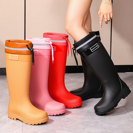 Japanese and Korean Fashion Rain Boots, Extra Tall Red Drawstring Rubber Shoes, Height-Increasing Slimming Rain Boots, Waterproof Outdoor Slip-On Water Shoes, Water Boots