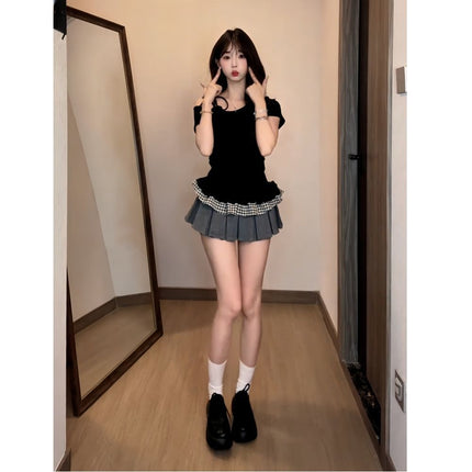 Tie-Up Spicy Girl Off-Shoulder Short-Sleeve T-Shirt Summer New Lace Slim-Fit Patchwork Plaid Crop Top for Women Trendy
