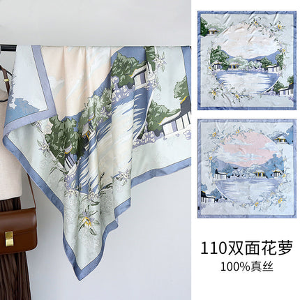 Chinese Style Double-sided Two-color Silk Flower Jacquard 110 Large Square Scarf Expensive Silk Scarf Shawl Gift Giving High-end Scarf