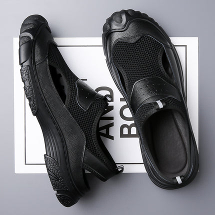 2023 Summer New Cowhide Mesh Hollow Shoes One Shoes Two Wear Cowhide Sandals One Pedal Men's Driving Shoes