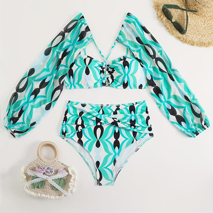 New European and American Amazon Cross-Border Sexy Bikini Swimsuit for Women with Printed Long Sleeves, Two-Piece Beach Swimwear Set