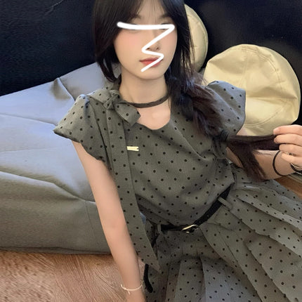 French Gray Wave Dot Small Flying Sleeve dress Children's Summer 2025 New Style Small Sweet A- line Skirt