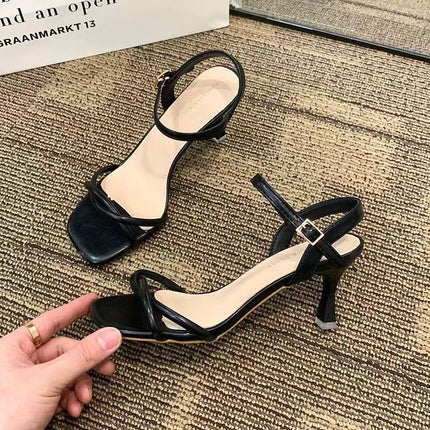 2025 New Summer Style Thin Strap Square Toe Sandals, Versatile High Heels, Western Style Korean Style with Skirt, Light Luxury Women's Shoes