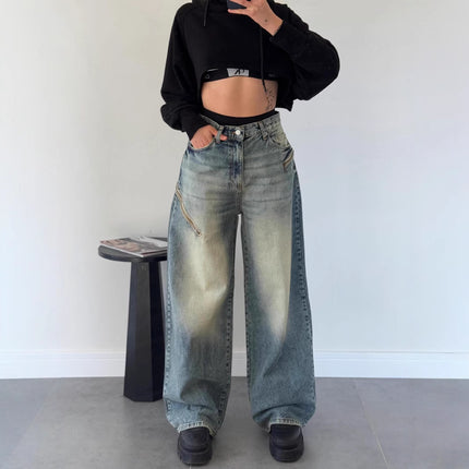 2025 Trendy Versatile New American Retro Street Style Loose Gradient Distressed Floor-Length Women's Jeans 8958
