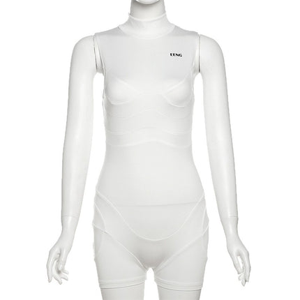 European and American Style Cross-Border Women's Clothing Solid Color Sleeveless Half-High Collar Shaping Slim-Fit Jumpsuit Hot Girl Short Tight-Fitting