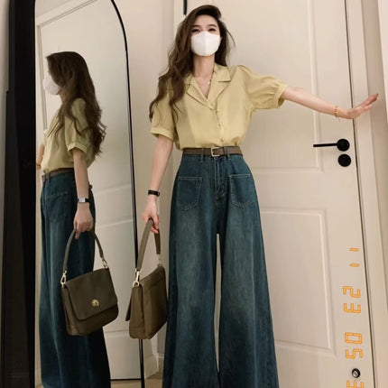 Small wide-leg jeans women's autumn high waist loose design straight plus size chubby girl loose mop pants