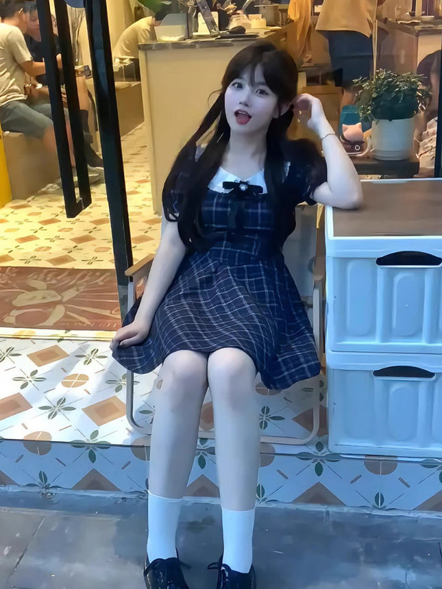Petite Doll Collar Plaid Dress for Girls, Sweet Style Mini Dress, First Love Style, Cute Princess Doll Dress
