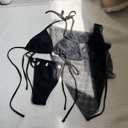 2025 European and American New Style Small Fresh Sexy Style Beach Shell Three-Piece Mesh Swimsuit Swimsuit Bikini Bikini