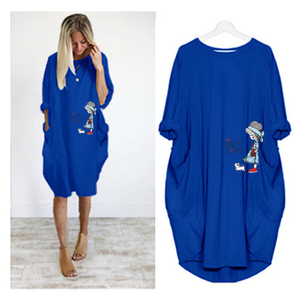 Factory direct sale wish AliExpress foreign trade women's casual loose pocket long sleeve plus size fat sister dress