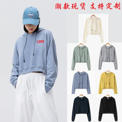 Short W Fashion Crop Top with Hooded Design for Dance Studio Tiktok Live Streaming, Cotton Cross-Border European and American Style Top