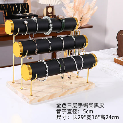 Jewelry Display Stand Golden Solid Wood Three-Layer Watch Bracelet Bracelet Rack Counter Jewelry Props Storage