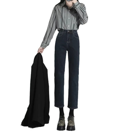 fleece-lined Thickened Blue Ash Smoke Tube Jeans Women's Trendy All-match Narrow Baguette Pants High Waist Slimming Cropped Straight Pants