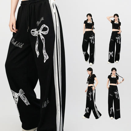 Trendy Jazz Dance Ballet Style Lace Trim Casual Pants Elastic Waist Sports Straight Slim Versatile Black Long Pants