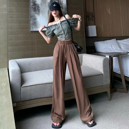 French Retro Denim Short Shoulder Shirt + High Waist Slimming Cold Draped Casual Pants Set
