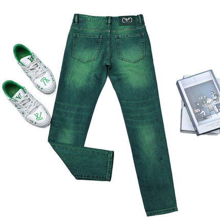 European Station High-end Light Luxury Trendy Brand European Fashion Emerald Green Jeans Men's Slim-fit Mid-waist Small Straight Long Pants