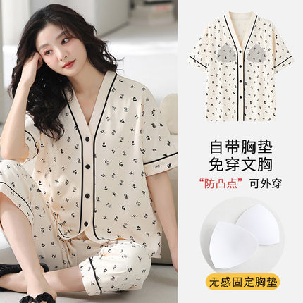 Pajamas Women's Summer Short-sleeved Knitted Cotton Wear-free Bra with Chest Pad Can be Wearing Outer-wear Anti-sudden Sleeping Beauty-making Home Wear Casual Wear