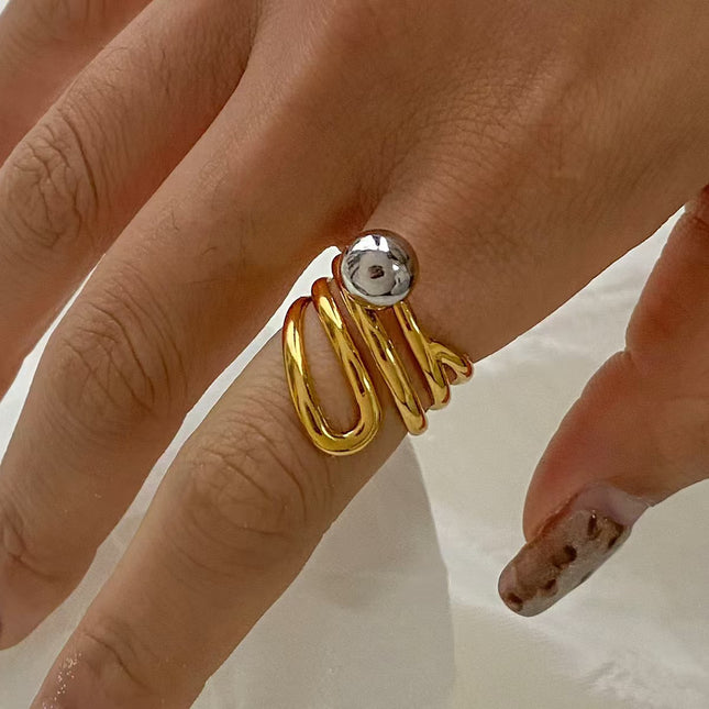 European and American stainless steel INS style gold and silver color matching multi-layer personality steel ball open ring French cross-border titanium steel ring