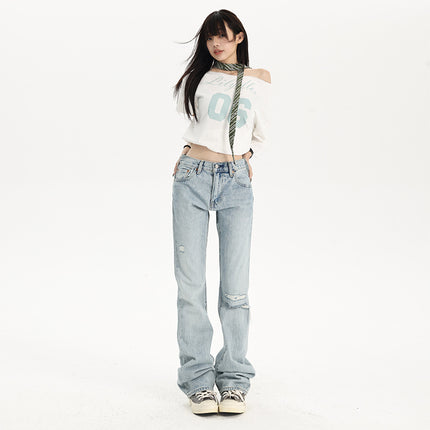 American Low-Waist Hot Girl Ripped Jeans for Women 2025 Summer New Slim Fit Straight Floor-Length Trousers