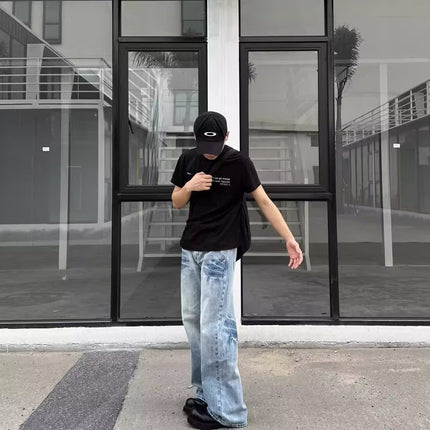 American Retro Crackle Design Washed Light Blue Jeans Men's Casual Loose Versatile Stylish Straight Pants