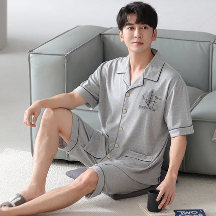 New Cotton Pajamas Men's Summer Short-sleeved Shorts Cardigan Lapel Home Clothes Summer Plus Size Loose Set
