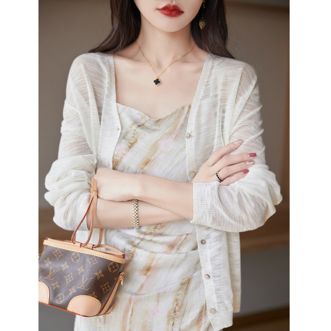 Slub Knitted Cardigan Women's Thin Ice Silk Linen Jacket Summer New Loose Outer Shawl Air-conditioning Shirt for Women
