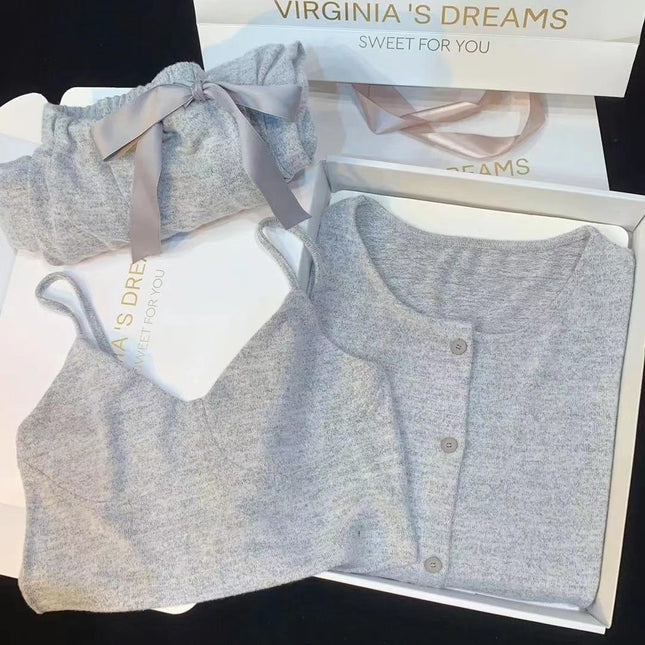 Autumn and Winter Brushed Cotton Women's Camisole Pajama Set with Chest Pads, Three-Piece Cardigan Set, Can Be Worn Outside, Ins-Style Loungewear Set