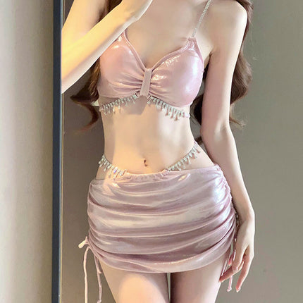 2025 New Bikini Swimsuit Female Sexy Three-Piece Set Rhinestone High-End Split Seaside Resort Hot Spring Swimsuit