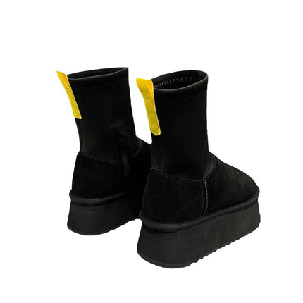 Platform thick bottom leather snowshoes women's 2024 new winter five-layer foam thick bottom increased warm elastic pencil boots