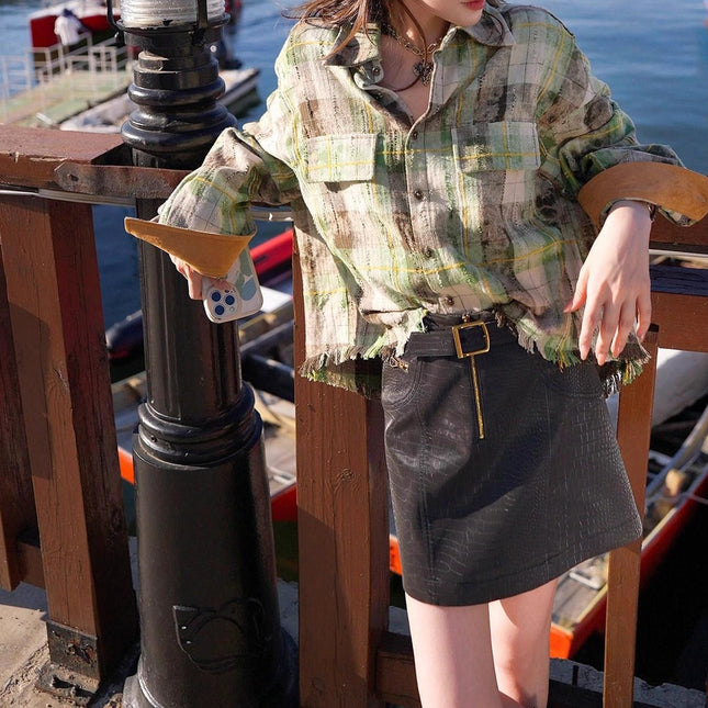 Early Autumn 2025 [a Bit Troublesome] Cool Aura Fashionable Crocodile Pattern Decorative Belt Skirt