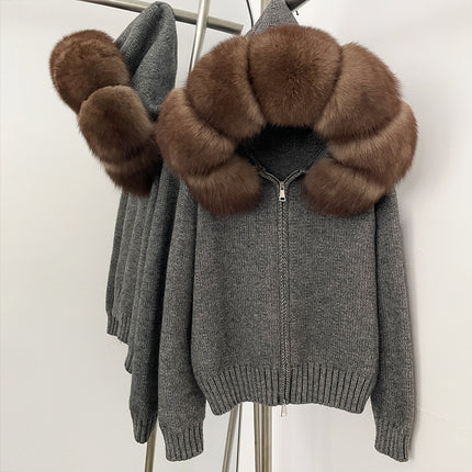 Spring 2025 Women's Gray Hooded Knit Cardigan Korean Style Loose Top