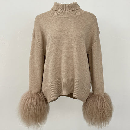 Women's Sweater Amazon Aliexpress Hot-Selling Autumn and Winter New Style Real Fox Fur Cuffs Loose High-Neck Knit Sweater for Women