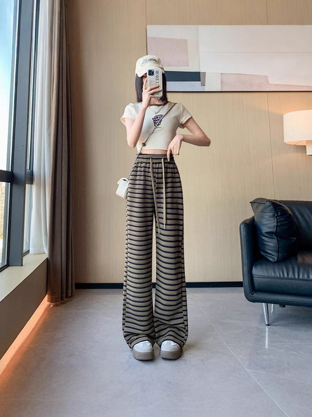 Striped Casual Wide-leg Pants Women's 2025 Summer High Waist Loose Fashionable Korean Style Trendy Slimming Straight Pants