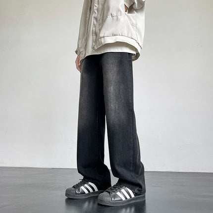 24 Winter New Men's Mop Jeans Solid Color All-match Retro Hong Kong Style Trendy Loose Straight Pants Overalls