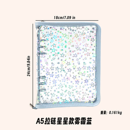 Japanese A5 Transparent Loose-leaf Black Glitter Zipper 6-hole Notebook Ins Style Star Chaser Ledger PVC Case