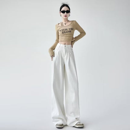 Brown Wide Leg Jeans Women's Trendy All-match New Maillard High Waist Loose Slimming Straight Long Pants