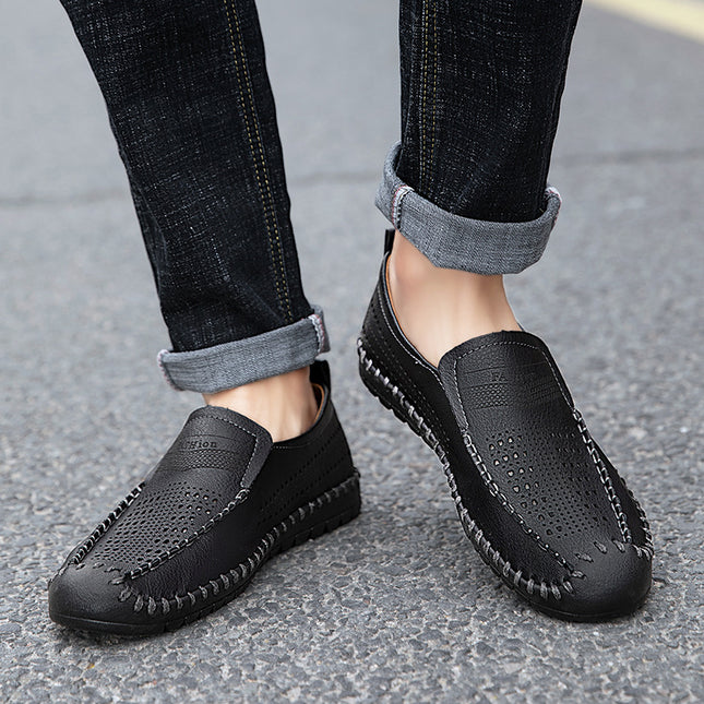 Cross-Border Hot-Selling Spring and Summer New Products Hand-Stitched Casual Men's Shoes Fashionable Hollow Versatile Breathable Genuine Leather Beanie Shoes