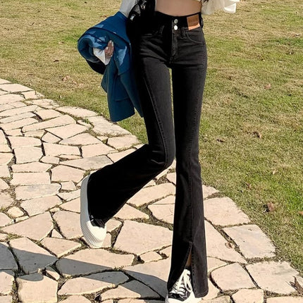 Black Spiggy Spiggy Jeans Women's Trendy All-match New High Waist Slim-fit Loose Slim-fit Design Flared Pants