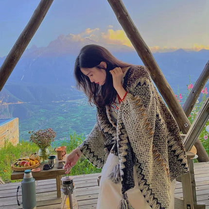 Northwest Ethnic Style Cloak Dual-purpose Air Conditioning Cloak Wool Knitted Handmade Tassel Cloak Xinjiang Travel Cloak