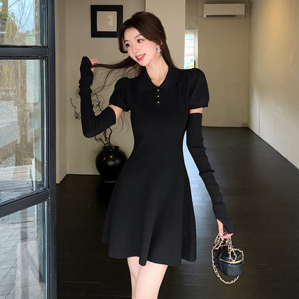 Foreign Trade Women's Clothing Real Shot New Year Red Knitted Slim Fit dress Women's Autumn and Winter Removable Sleeve Short Skirt Small Body