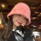 Rabbit fur bucket hat—pink