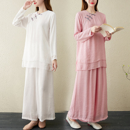 Spring and Summer Taiji Clothing Women's Retro Elegant Taijiquan Morning Exercise Martial Arts Performance Clothing Zen Clothing Tence Cotton Sports Yoga