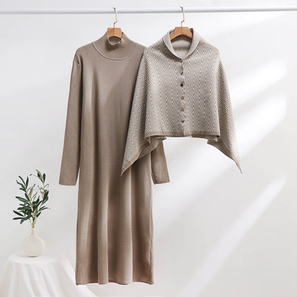 Cross-Border Women's Fashion Elegant Long-Sleeved Dress Autumn and Winter Set Women's Knitted Long Skirt Slimming Shawl Two-Piece Set