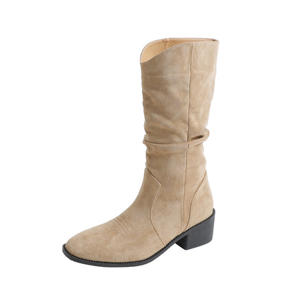 Petite Height-Increasing Slouch Boots for Women, Long Western Cowboy Boots, Ruched Mid-Calf Riding Boots, Chunky Heel Plus-Size Boots