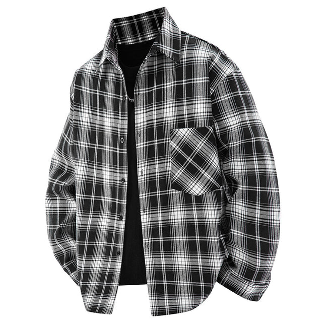 Foreign Trade Japanese and Korean Retro Contrasting Color Brushed Plaid Long-Sleeved Shirt Men's Spring & Fall Trendy Brand Loose Casual Shirt Jacket-