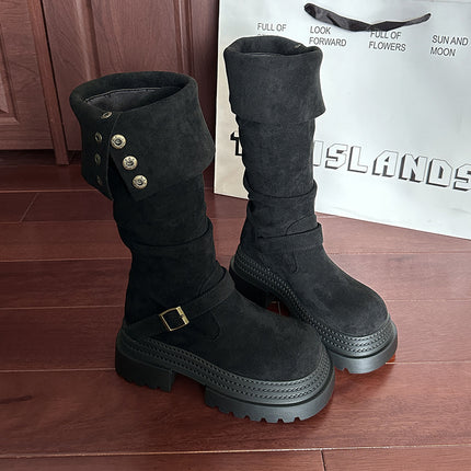 Thick-Soled Boots for Women 2025 New Autumn and Winter Retro Suede Slim Boots No More Than Knee-High Knight Boots